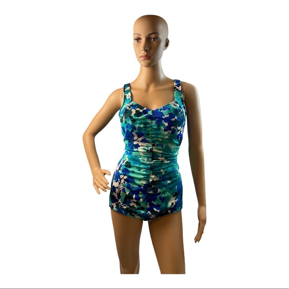 Women’s Swimsuit Blue Floral One Piece Rushed Retro Pin Up. Size M.